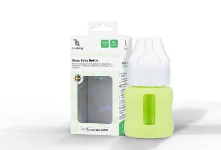 Kojenecká lahev skleněná 120 ml široká silikonový obal zelená hrášková EcoViking - Švédsko